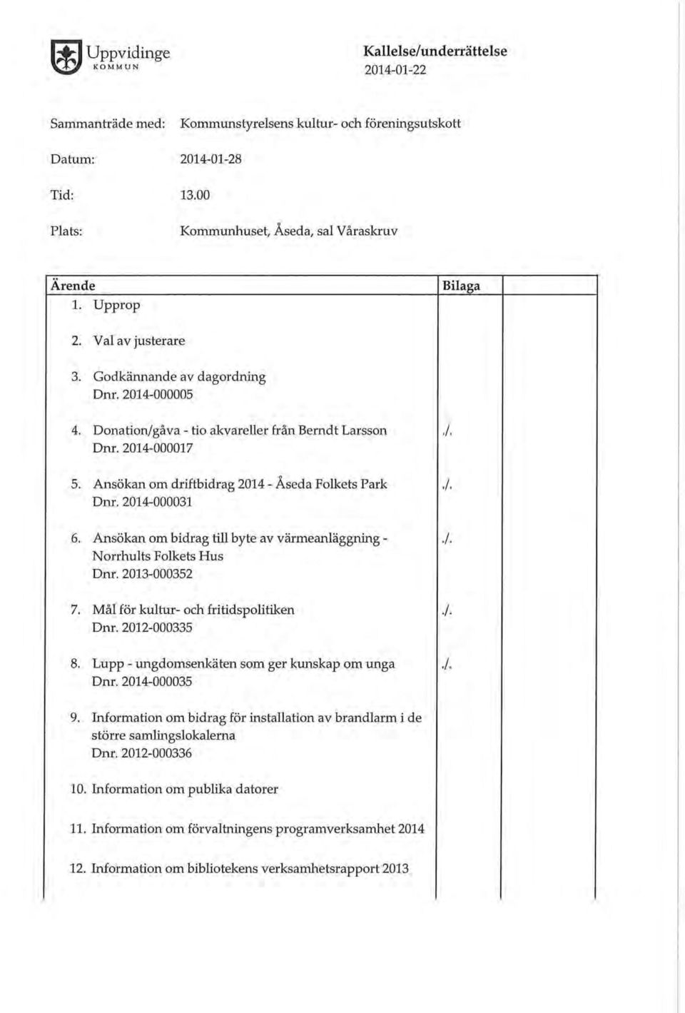 Ansökan m driftbidrag 2014 - Åseda Flkets Park Dnr. 2014-000031 A 6. Ansökan m bidrag till byte av värmeanläggning - Nrrhults Flkets Hus Dnr. 2013-000352./ 7. Mål för kultur- ch fritidsplitiken Dnr.