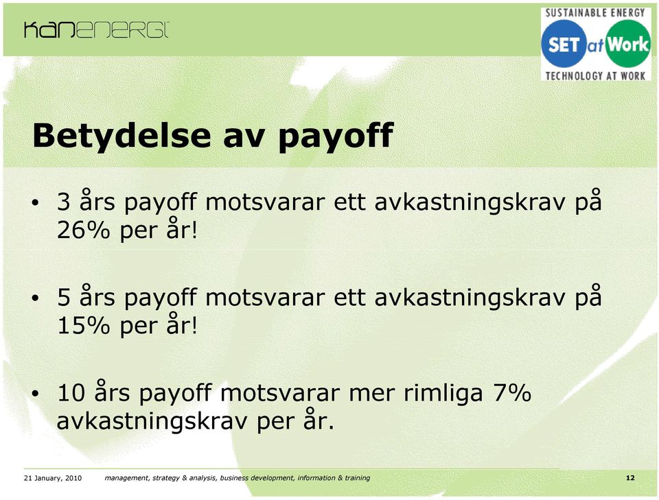 10 års payoff motsvarar mer rimliga 7% avkastningskrav per år.