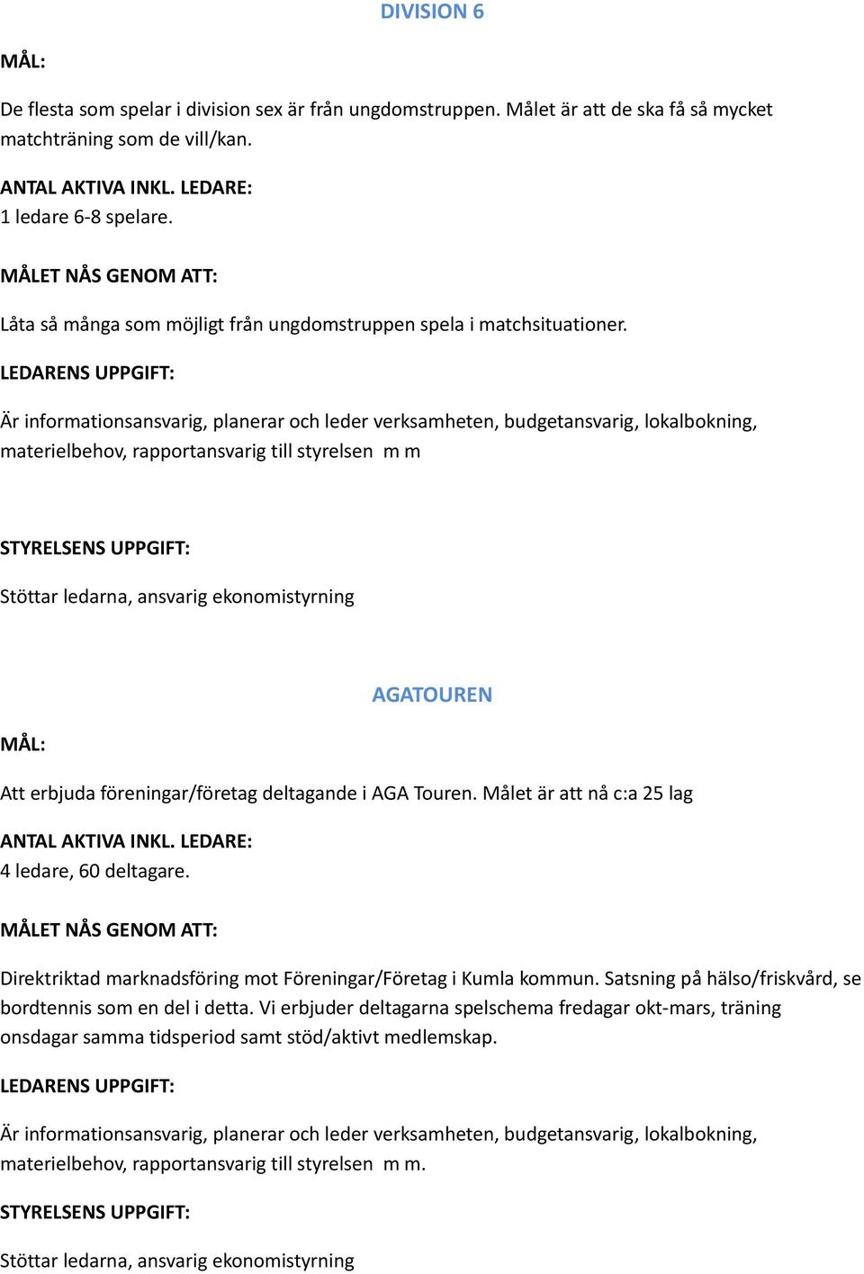 AGATOUREN Att erbjuda föreningar/företag deltagande i AGA Touren. Målet är att nå c:a 25 lag 4 ledare, 60 deltagare.