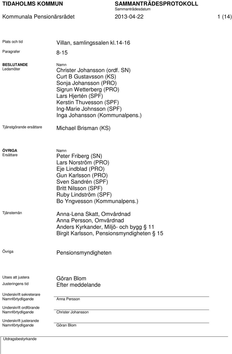 ) Michael Brisman (KS) ÖVRIGA Ersättare Tjänstemän Namn Peter Friberg (SN) Lars Norström (PRO) Eje Lindblad (PRO) Gun Karlsson (PRO) Sven Sandrén (SPF) Britt Nilsson (SPF) Ruby Lindström (SPF) Bo