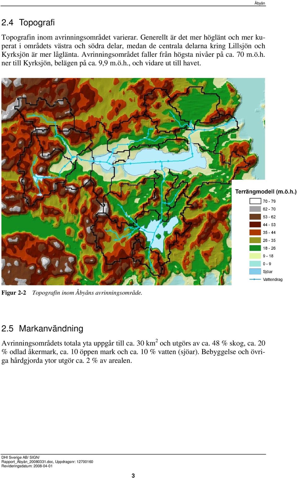 Avrinningsområdet faller från högsta nivåer på ca. 70 m.ö.h. ner till Kyrksjön, belägen på ca. 9,9 m.ö.h., och vidare ut till havet.