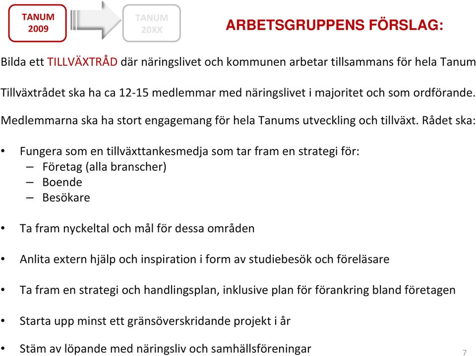 Rådet ska: Fungera som en tillväxttankesmedja som tar fram en strategi för: Företag (alla branscher) Boende Besökare Ta fram nyckeltal och mål för dessa områden Anlita extern