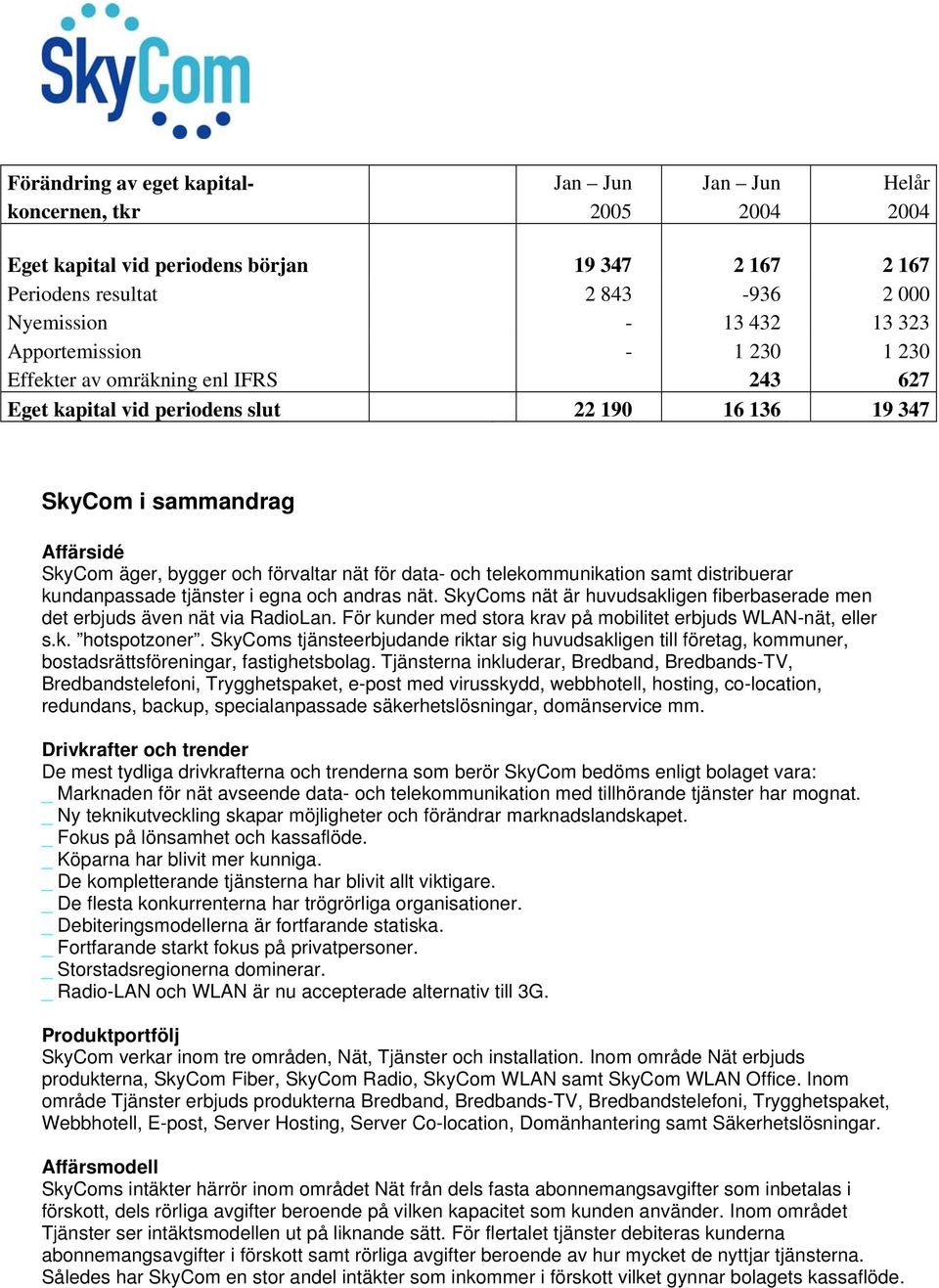 och telekommunikation samt distribuerar kundanpassade tjänster i egna och andras nät. SkyComs nät är huvudsakligen fiberbaserade men det erbjuds även nät via RadioLan.