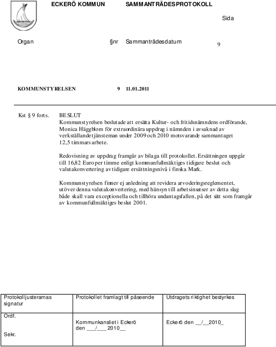 2010 motsvarande sammantaget 12,5 timmars arbete. Redovisning av uppdrag framgår av bilaga till protokollet.