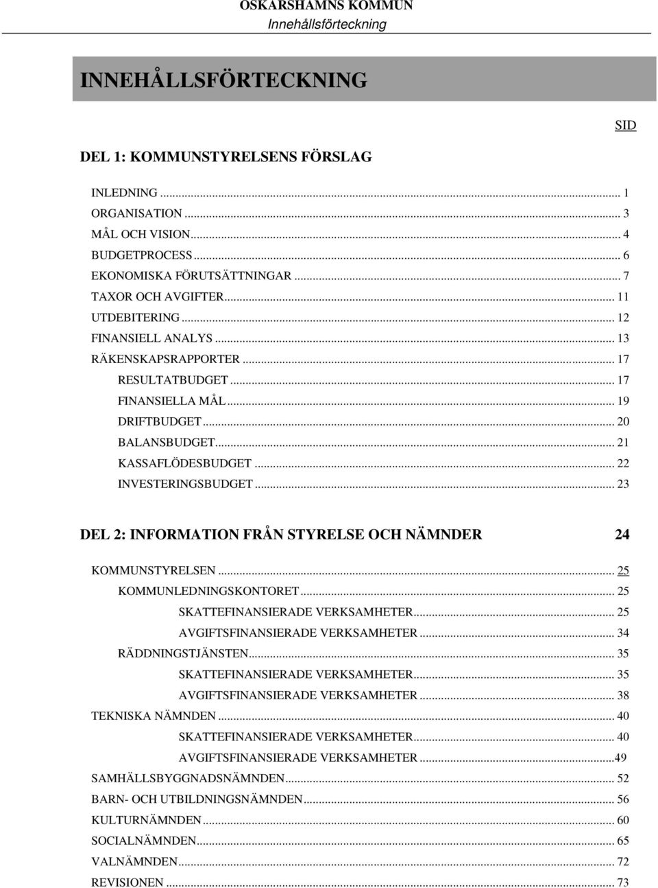 .. 22 INVESTERINGSBUDGET... 23 DEL 2: INFORMATION FRÅN STYRELSE OCH NÄMNDER 24 KOMMUNSTYRELSEN... 25 KOMMUNLEDNINGSKONTORET... 25 SKATTEFINANSIERADE VERKSAMHETER... 25 AVGIFTSFINANSIERADE VERKSAMHETER.