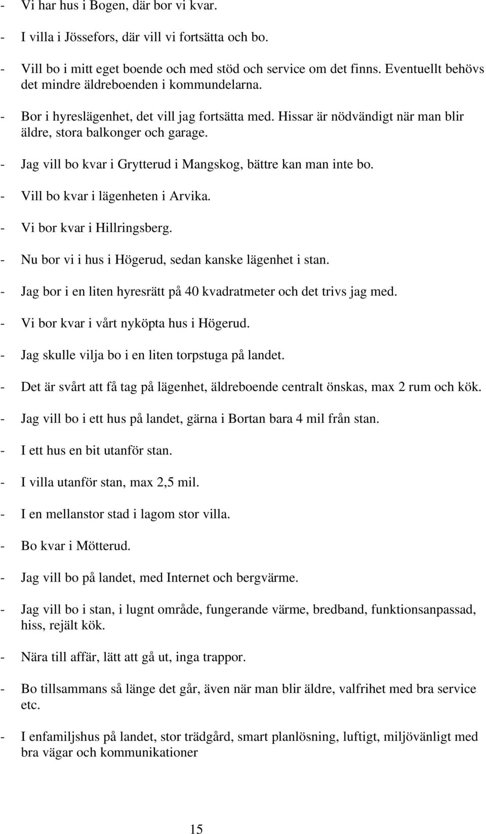 - Jag vill bo kvar i Grytterud i Mangskog, bättre kan man inte bo. - Vill bo kvar i lägenheten i Arvika. - Vi bor kvar i Hillringsberg. - Nu bor vi i hus i Högerud, sedan kanske lägenhet i stan.