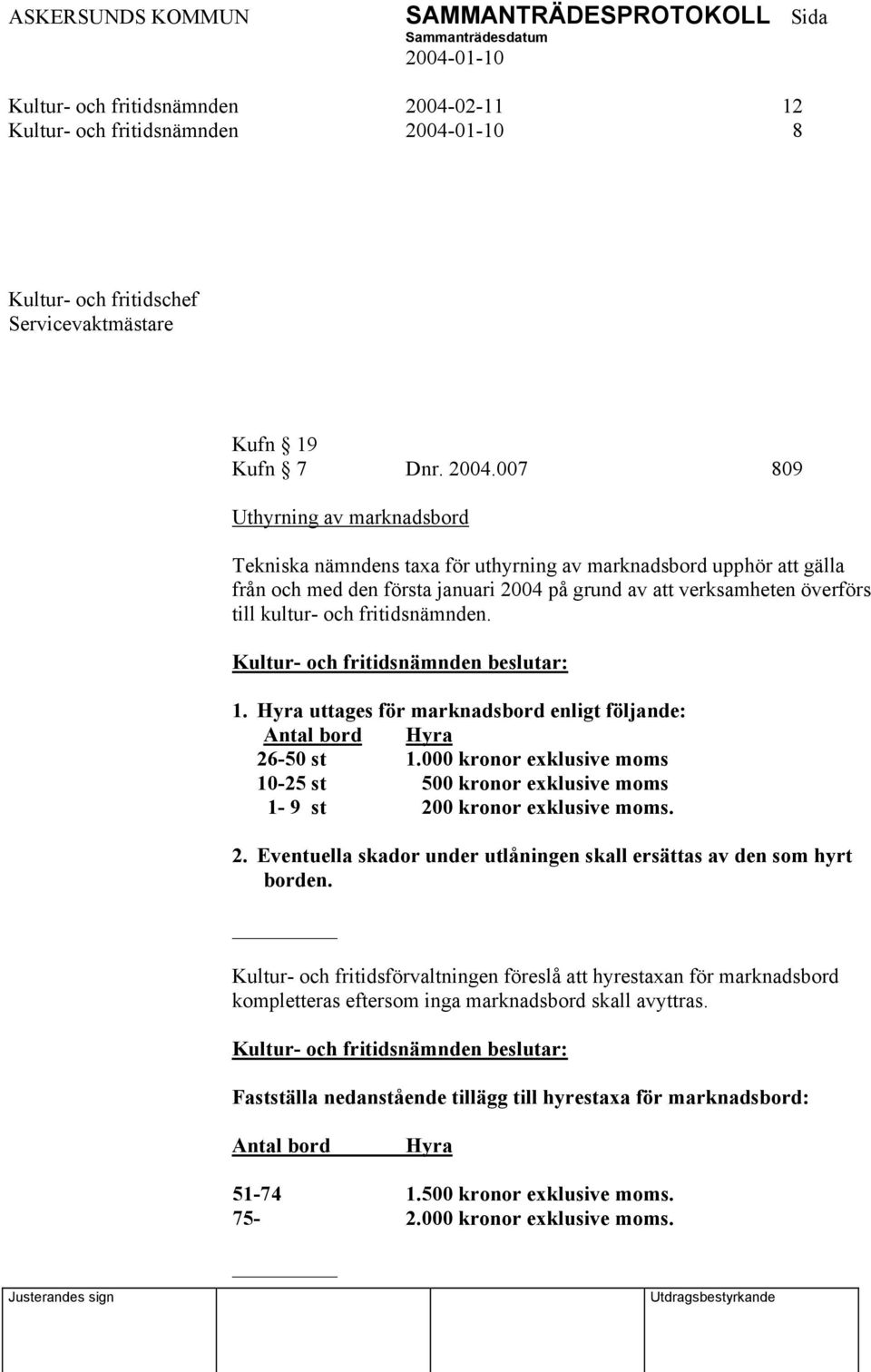 007 809 Uthyrning av marknadsbord Tekniska nämndens taxa för uthyrning av marknadsbord upphör att gälla från och med den första januari 2004 på grund av att verksamheten överförs till kultur- och