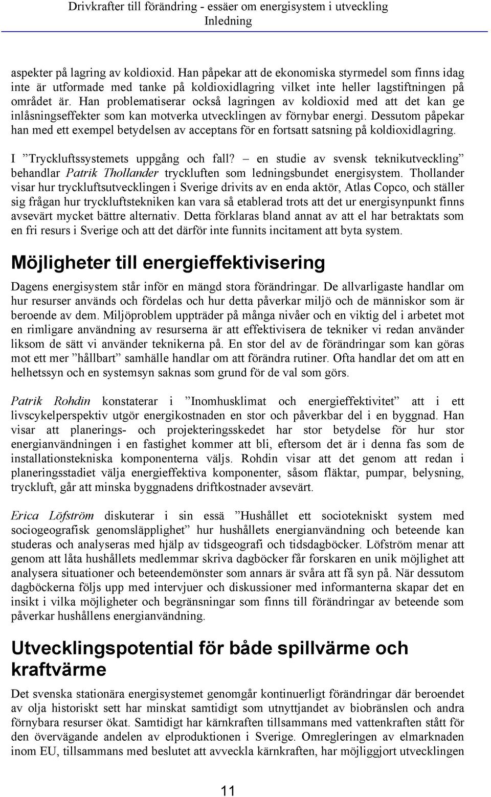 Han problematiserar också lagringen av koldioxid med att det kan ge inlåsningseffekter som kan motverka utvecklingen av förnybar energi.