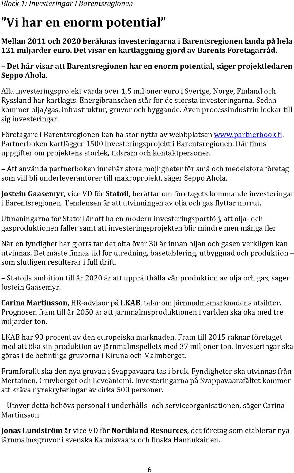 Alla investeringsprojekt värda över 1,5 miljoner euro i Sverige, Norge, Finland och Ryssland har kartlagts. Energibranschen står för de största investeringarna.