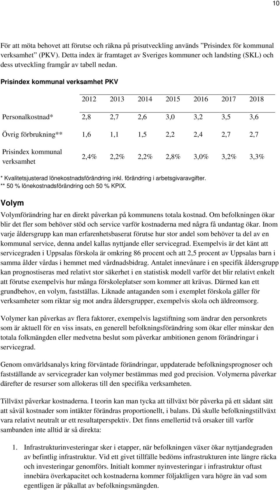 Prisindex kommunal verksamhet PKV 2012 2013 2014 2015 2016 2017 2018 Personalkostnad* 2,8 2,7 2,6 3,0 3,2 3,5 3,6 Övrig förbrukning** 1,6 1,1 1,5 2,2 2,4 2,7 2,7 Prisindex kommunal verksamhet 2,4%