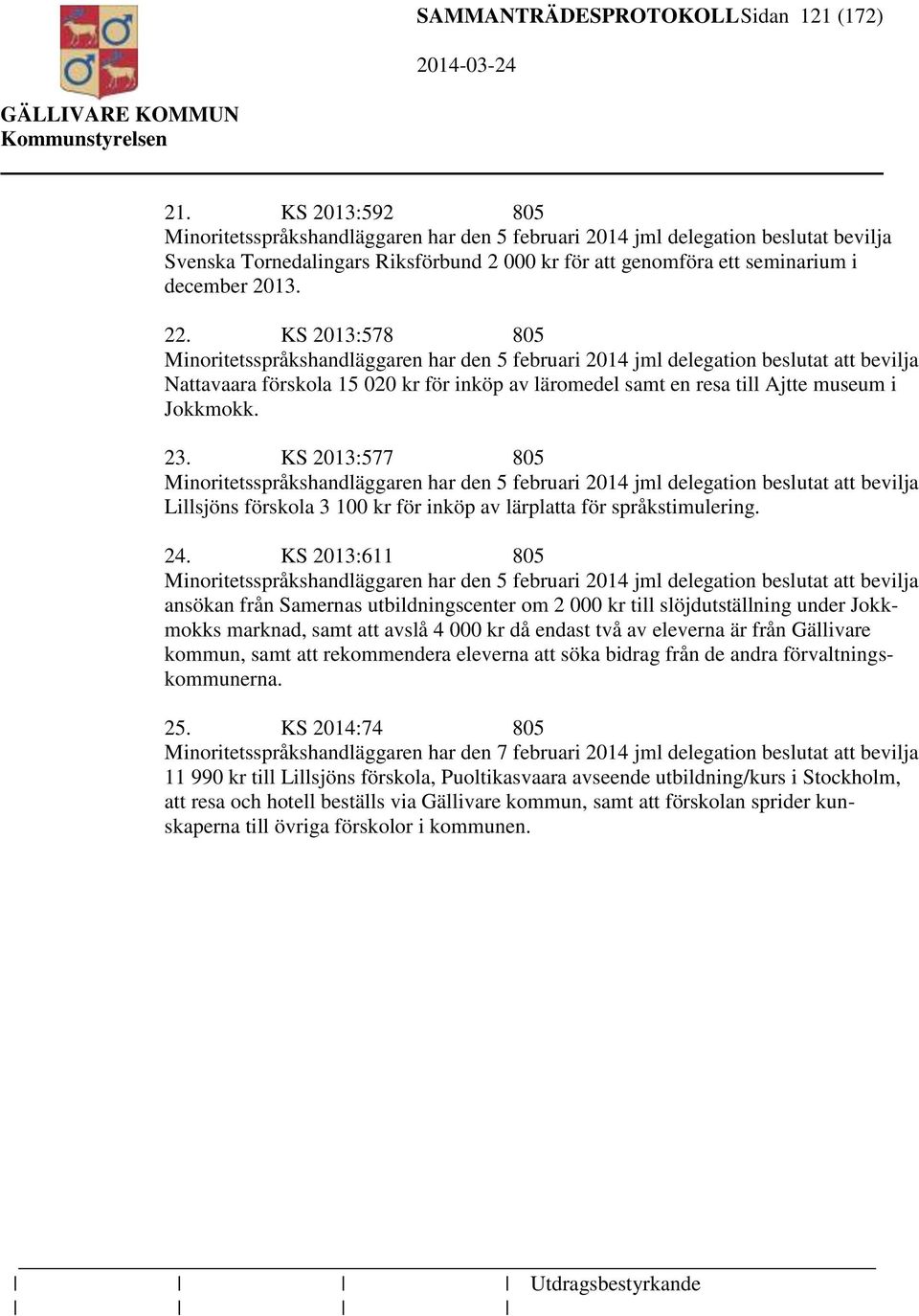 KS 2013:578 805 Minoritetsspråkshandläggaren har den 5 februari 2014 jml delegation beslutat att bevilja Nattavaara förskola 15 020 kr för inköp av läromedel samt en resa till Ajtte museum i Jokkmokk.