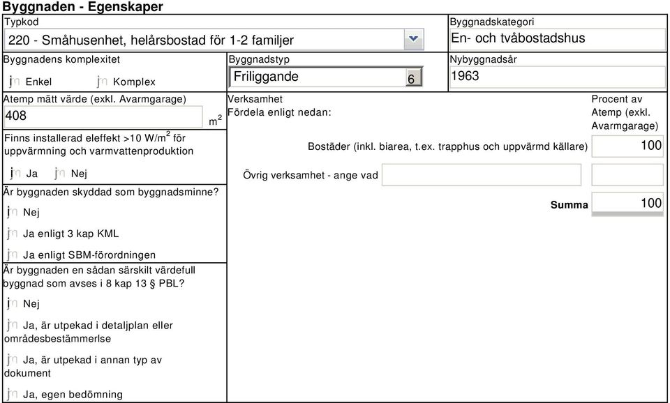 Nybyggnadsår 1963 Bostäder (inkl. biarea, t.ex. trapphus och uppvärmd källare) Procent av Atemp (exkl. Avarmgarage) 100 i Ja i Nej Nej Är byggnaden skyddad som byggnadsminne?