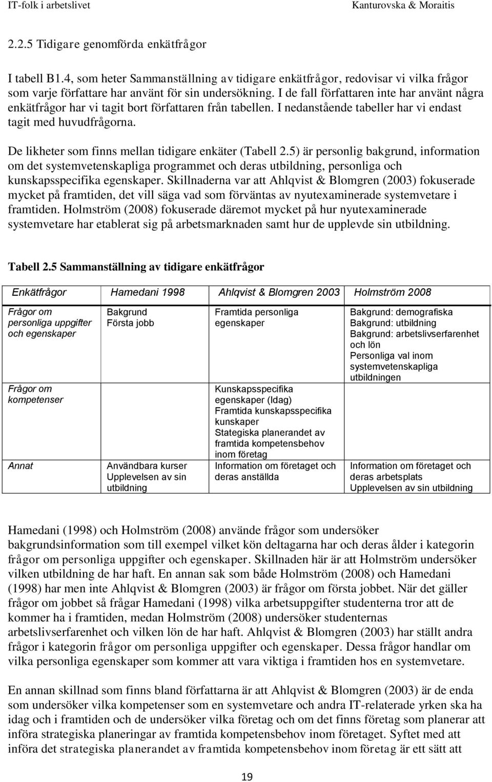 De likheter som finns mellan tidigare enkäter (Tabell 2.5) är personlig bakgrund, information om det systemvetenskapliga programmet och deras utbildning, personliga och kunskapsspecifika egenskaper.