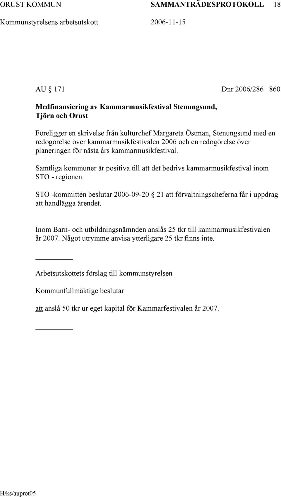 Samtliga kommuner är positiva till att det bedrivs kammarmusikfestival inom STO - regionen. STO -kommittén beslutar 2006-09-20 21 att förvaltningscheferna får i uppdrag att handlägga ärendet.