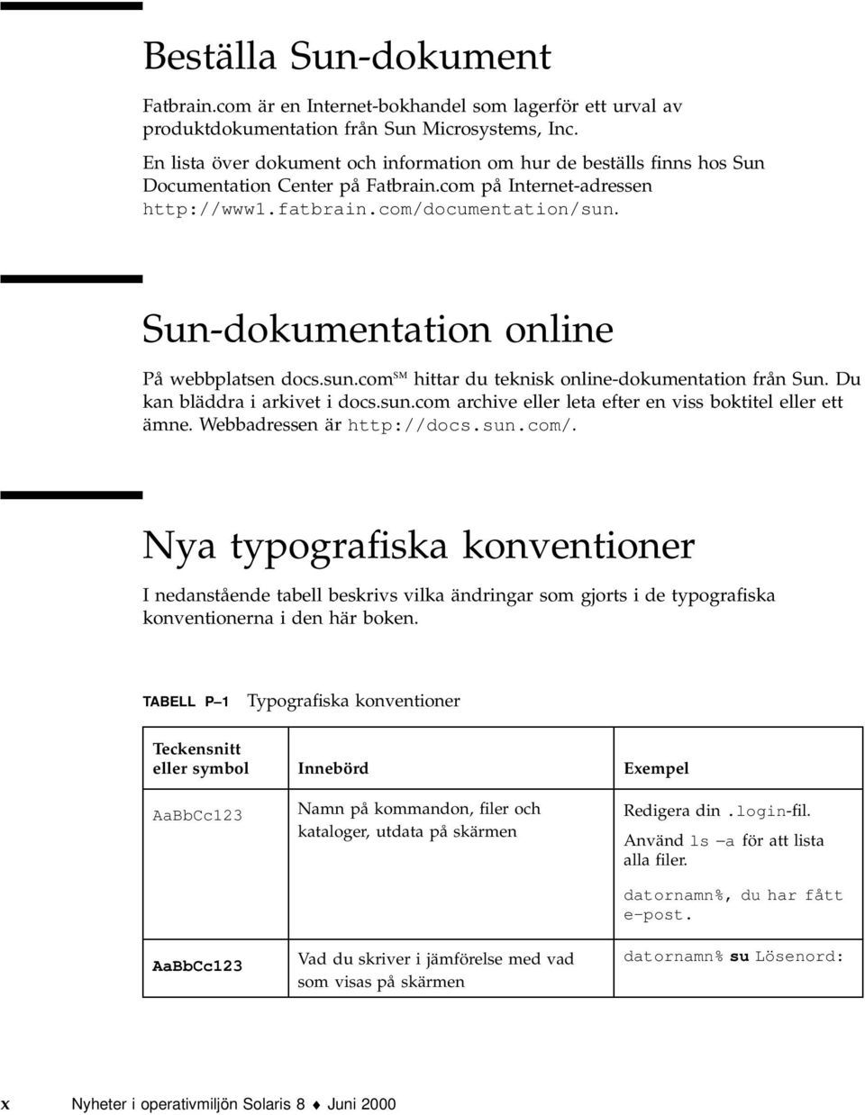 Sun-dokumentation online På webbplatsen docs.sun.com SM hittar du teknisk online-dokumentation från Sun. Du kan bläddra i arkivet i docs.sun.com archive eller leta efter en viss boktitel eller ett ämne.