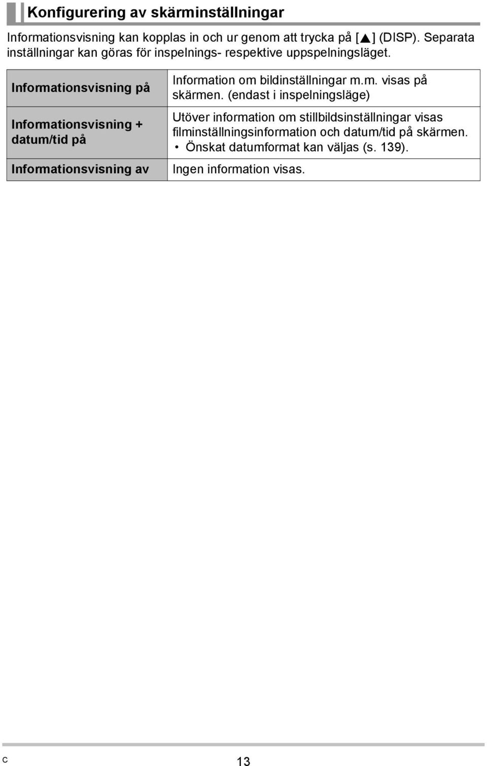 Informationsvisning på Informationsvisning + datum/tid på Informationsvisning av Information om bildinställningar m.m. visas på skärmen.