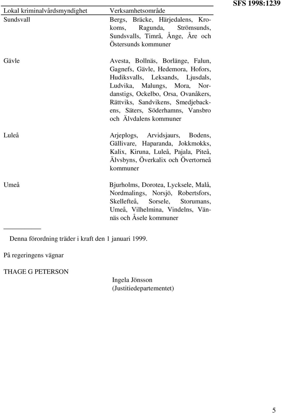 1998:1239 Luleå Arjeplogs, Arvidsjaurs, Bodens, Gällivare, Haparanda, Jokkmokks, Kalix, Kiruna, Luleå, Pajala, Piteå, Älvsbyns, Överkalix och Övertorneå Umeå Bjurholms, Dorotea, Lycksele, Malå,
