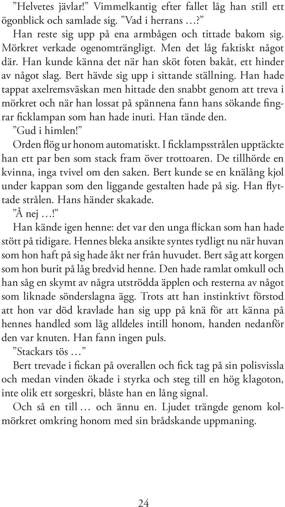 Han hade tappat axelremsväskan men hittade den snabbt genom att treva i mörkret och när han lossat på spännena fann hans sökande fingrar ficklampan som han hade inuti. Han tände den. Gud i himlen!