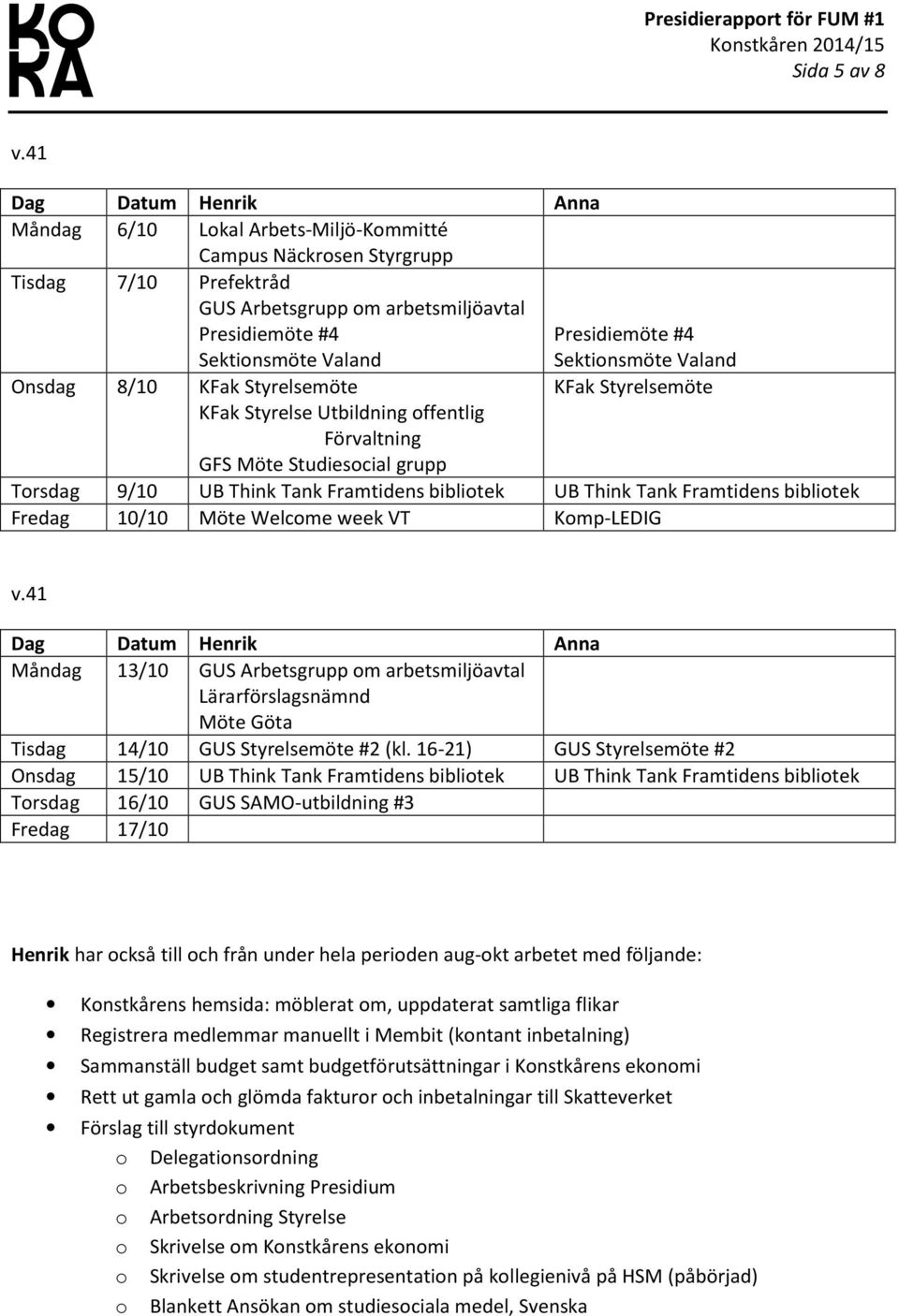 Styrelsemöte KFak Styrelse Utbildning ffentlig Förvaltning GFS Möte Studiescial grupp Sektinsmöte Valand KFak Styrelsemöte Trsdag 9/10 UB Think Tank Framtidens biblitek UB Think Tank Framtidens