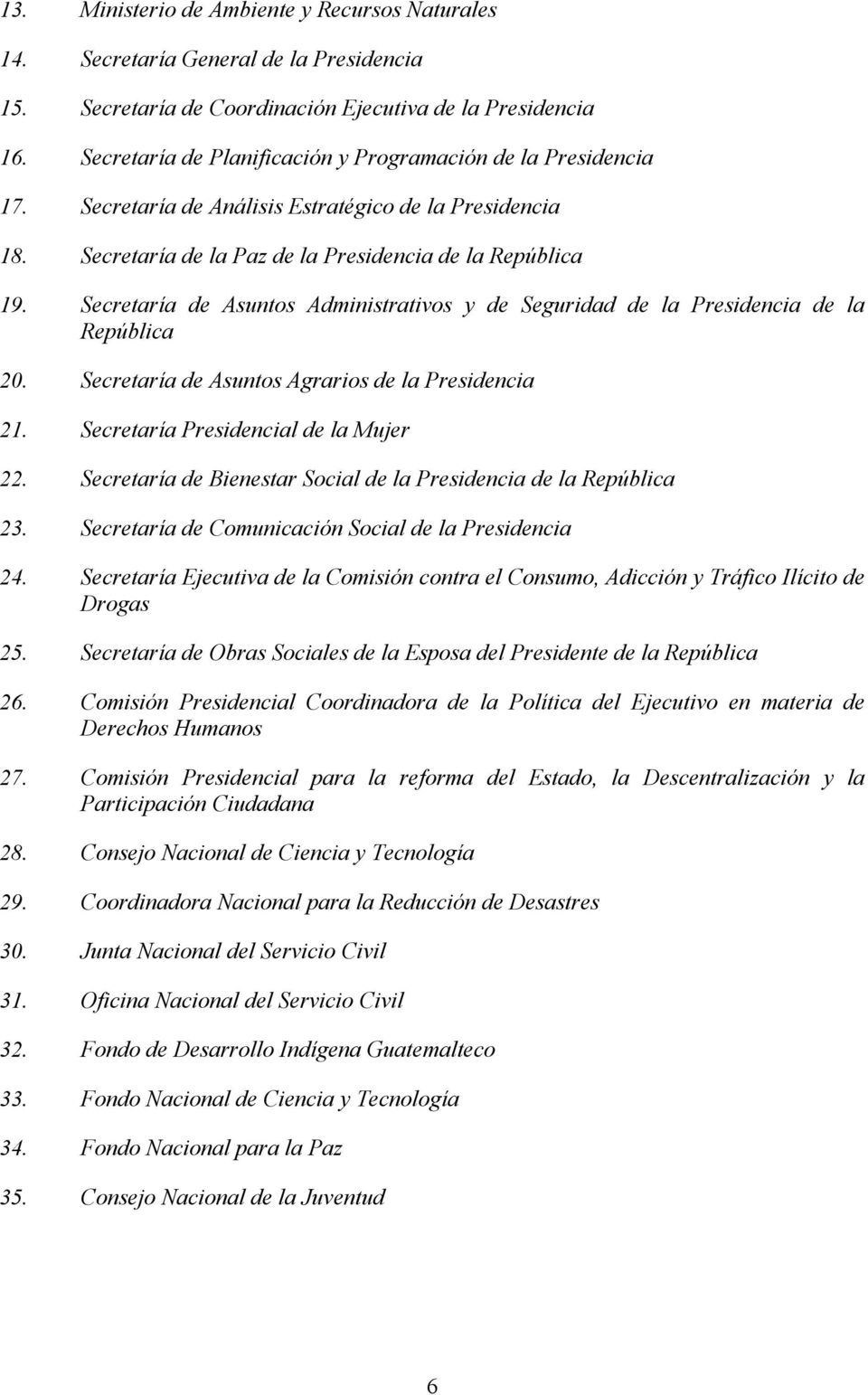 Secretaría de Asuntos Administrativos y de Seguridad de la Presidencia de la República 20. Secretaría de Asuntos Agrarios de la Presidencia 21. Secretaría Presidencial de la Mujer 22.