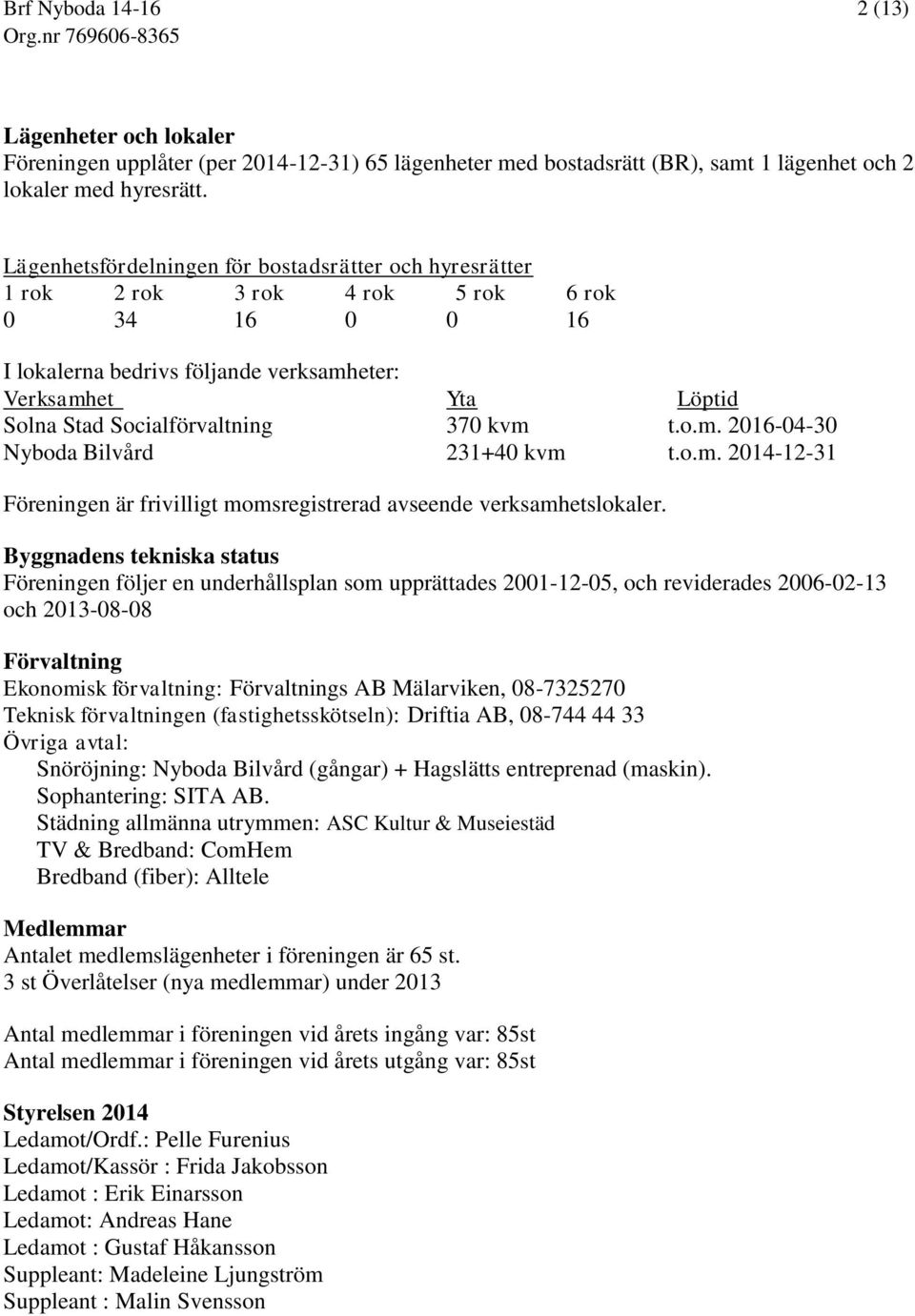 Socialförvaltning 370 kvm t.o.m. 2016-04-30 Nyboda Bilvård 231+40 kvm t.o.m. 2014-12-31 Föreningen är frivilligt momsregistrerad avseende verksamhetslokaler.