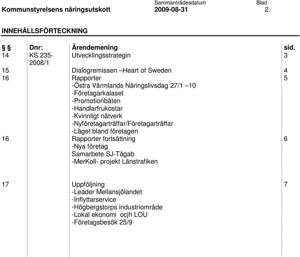 -Företagarkalaset -Promotionbåten -Handlarfrukostar -Kvinnligt nätverk -Nyföretagarträffar/Företagarträffar -Läget bland företagen 16 Rapporter