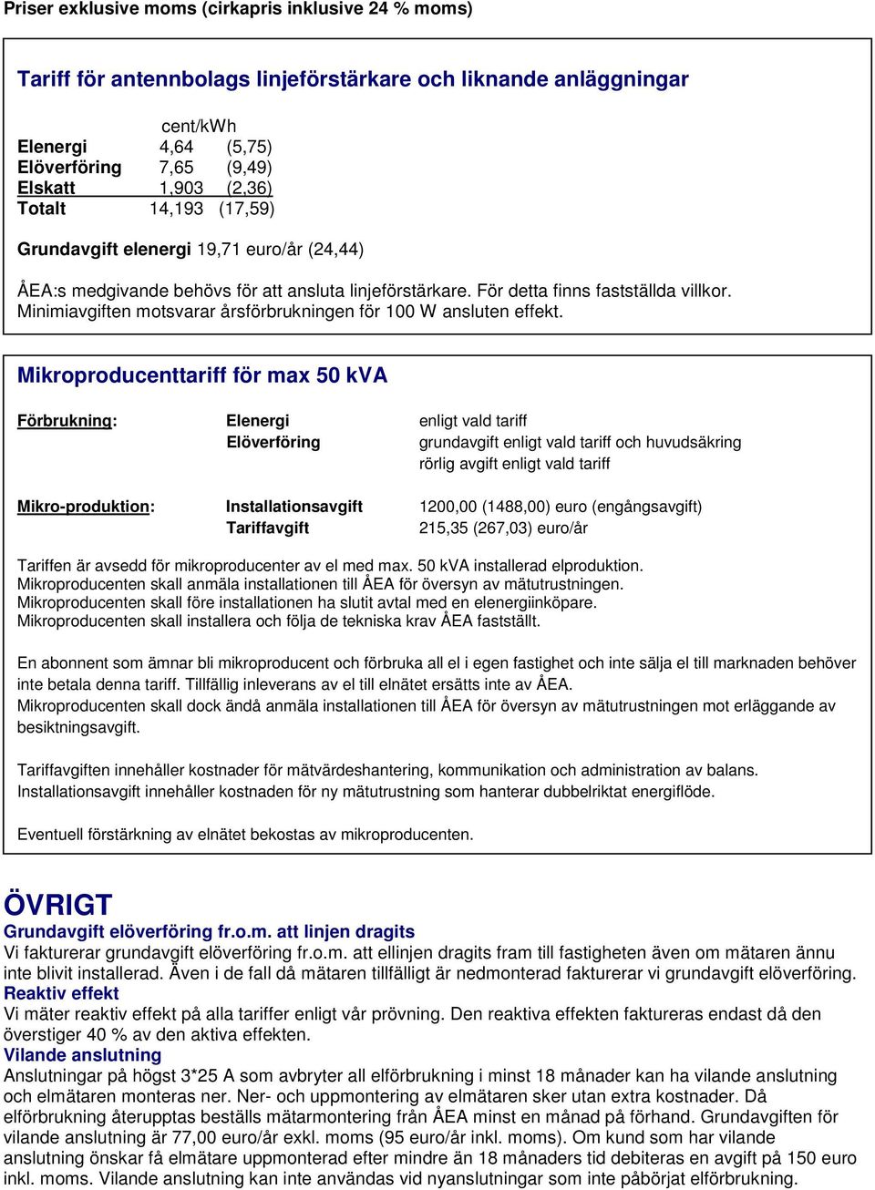 Mikroproducenttariff för max 50 kva Förbrukning: Elenergi enligt vald tariff Elöverföring grundavgift enligt vald tariff och huvudsäkring rörlig avgift enligt vald tariff Mikro-produktion: