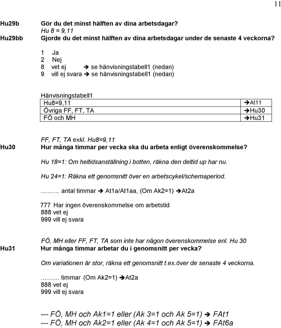 Hu8=9,11 Hur många timmar per vecka ska du arbeta enligt överenskommelse? Hu 18=1: Om heltidsanställning i botten, räkna den deltid up har nu.