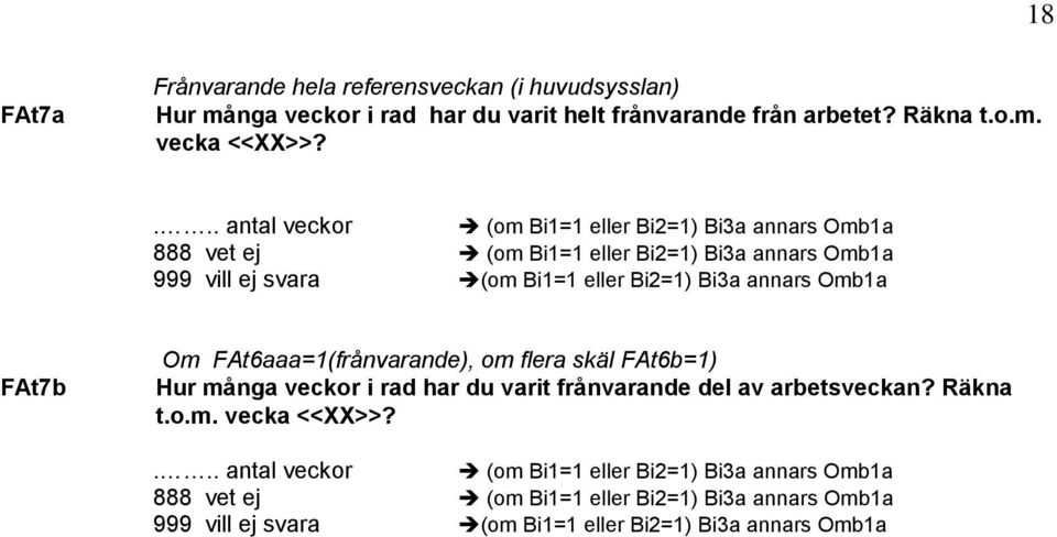 FAt7b Om FAt6aaa=1(frånvarande), om flera skäl FAt6b=1) Hur många veckor i rad har du varit frånvarande del av arbetsveckan? Räkna t.o.m. vecka <<XX>>?