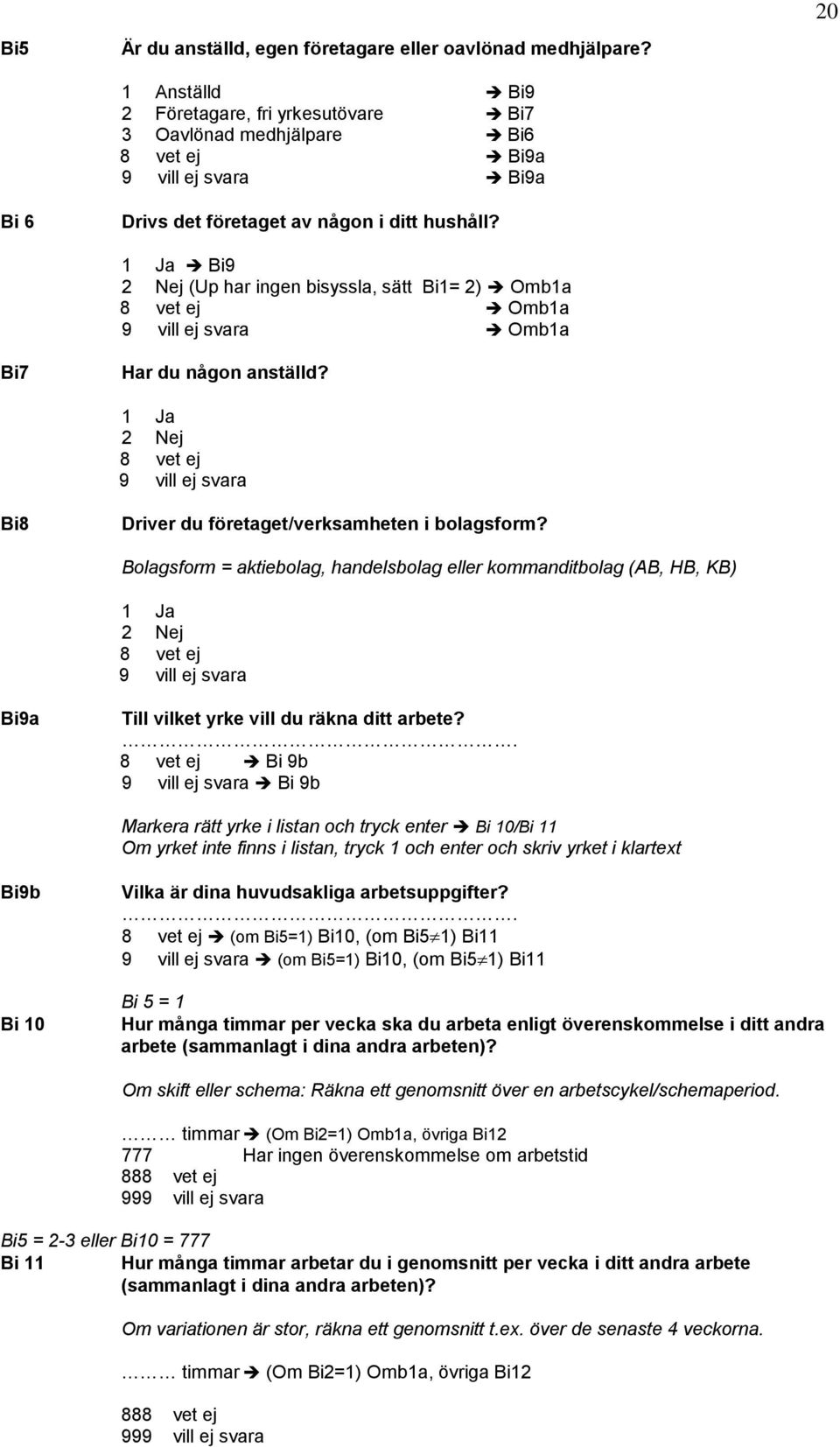 Bi9 2 Nej (Up har ingen bisyssla, sätt Bi1= 2) Omb1a Omb1a Omb1a Bi7 Har du någon anställd? 2 Nej Bi8 Driver du företaget/verksamheten i bolagsform?