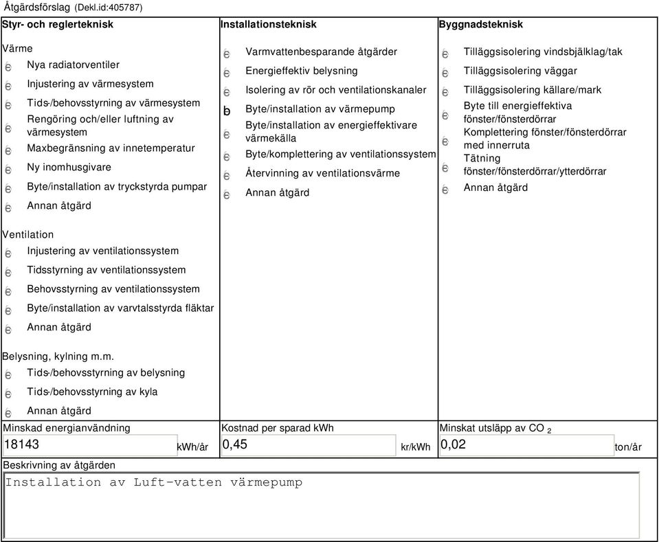 värmesystem Maxbegränsning av innetemperatur Ny inomhusgivare Byte/installation av tryckstyrda pumpar b Varmvattenbesparande åtgärder Energieffektiv belysning Isolering av rör och ventilationskanaler