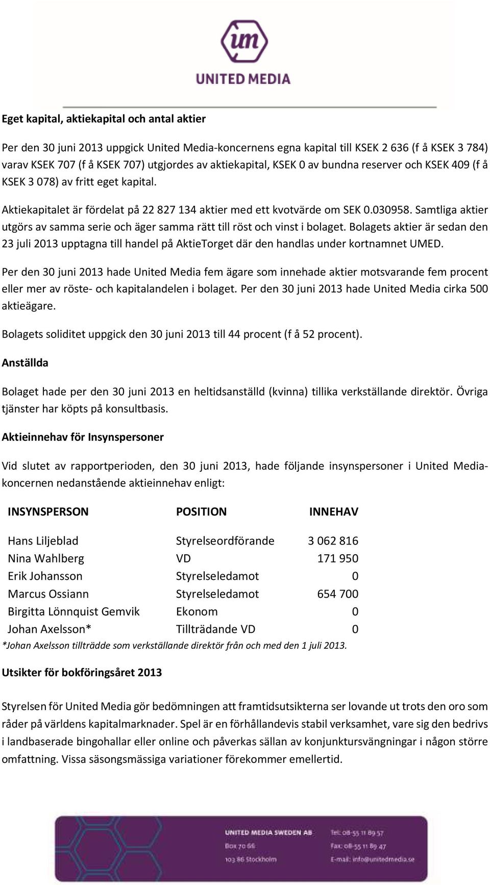 Samtliga aktier utgörs av samma serie och äger samma rätt till röst och vinst i bolaget.