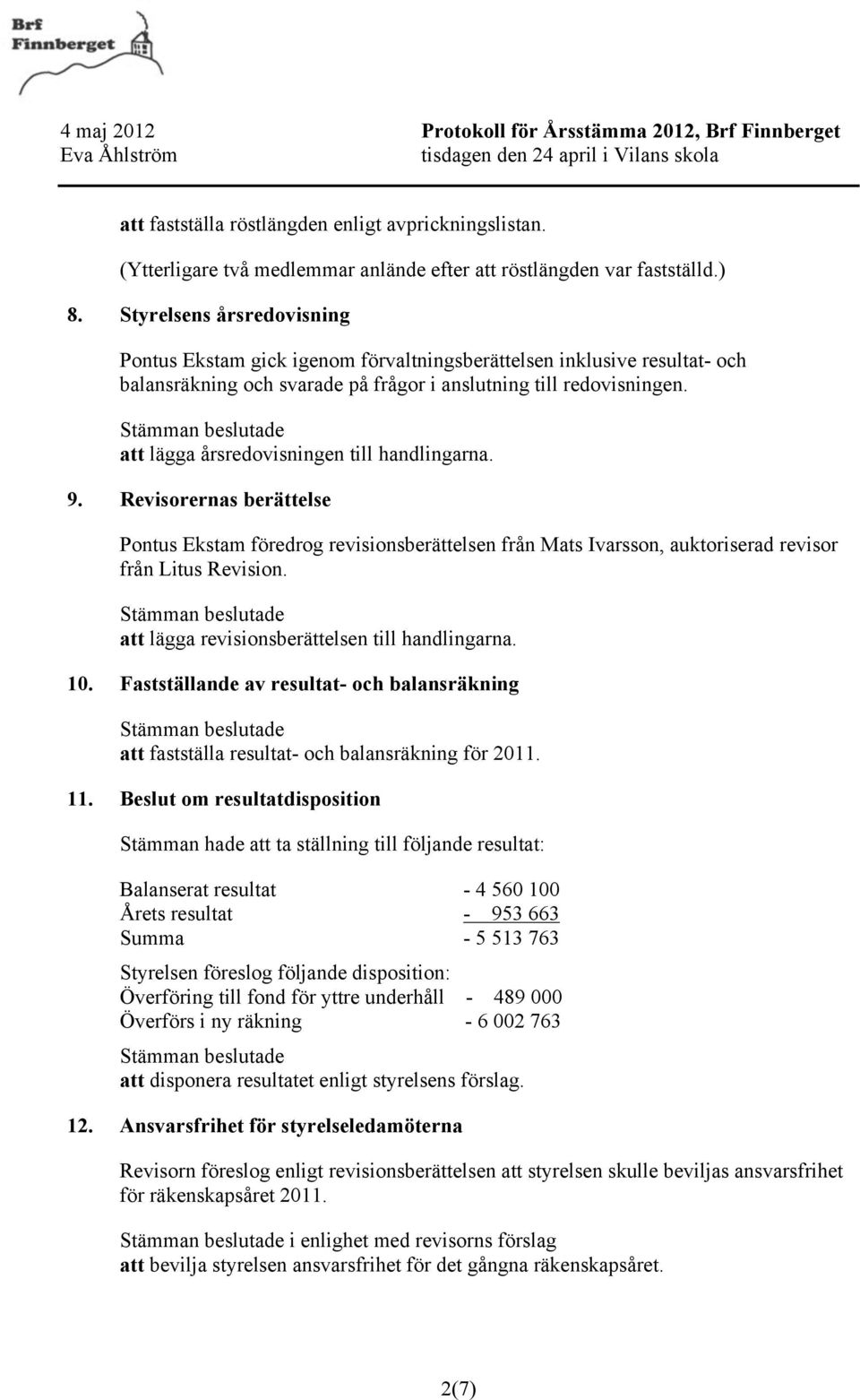 att lägga årsredovisningen till handlingarna. 9. Revisorernas berättelse Pontus Ekstam föredrog revisionsberättelsen från Mats Ivarsson, auktoriserad revisor från Litus Revision.