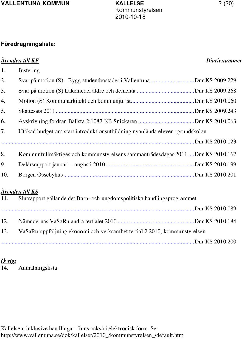 Avskrivning fordran Bällsta 2:1087 KB Snickaren...Dnr KS 2010.063 7. Utökad budgetram start introduktionsutbildning nyanlända elever i grundskolan...dnr KS 2010.123 8.