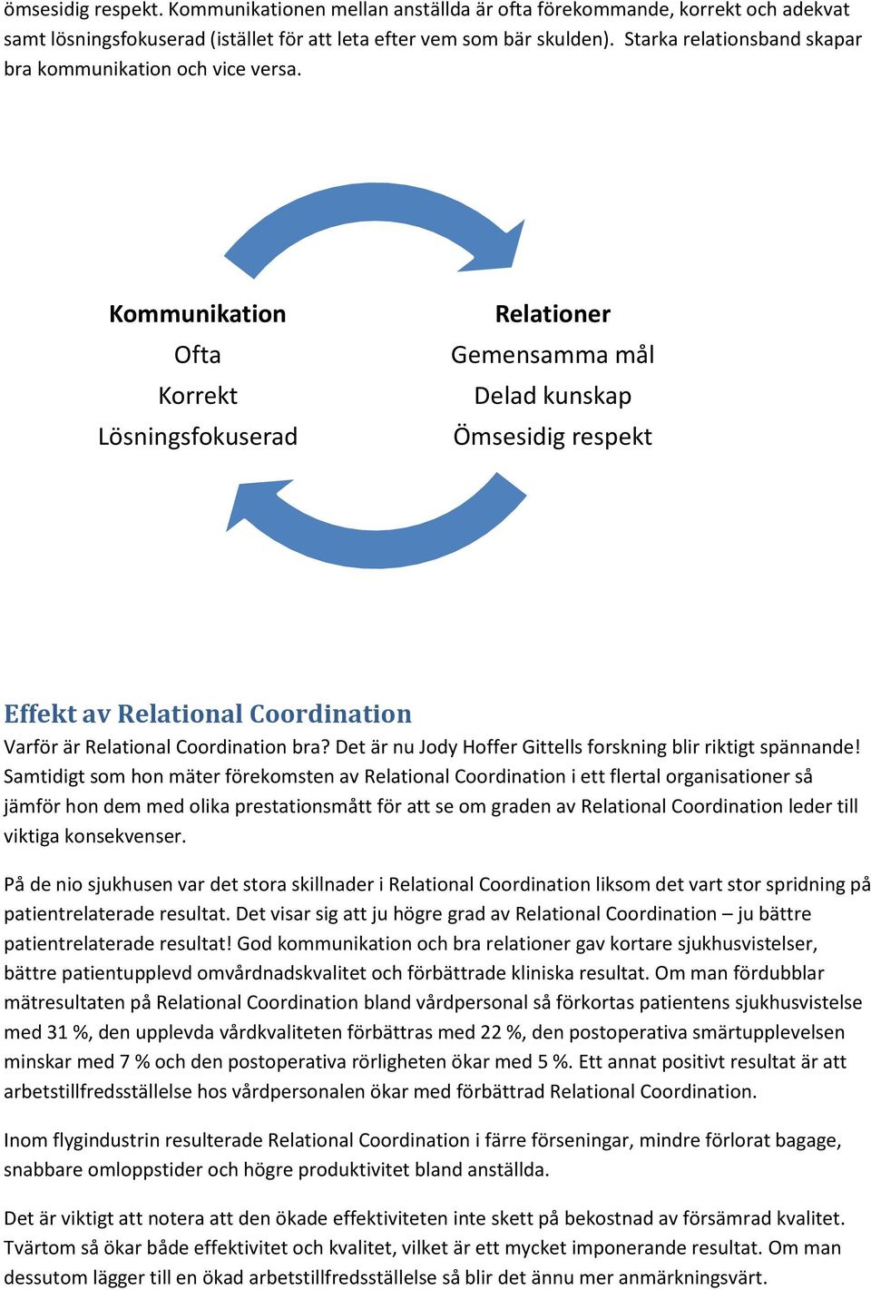 Kommunikation Ofta Korrekt Lösningsfokuserad Relationer Gemensamma mål Delad kunskap Ömsesidig respekt Effekt av Relational Coordination Varför är Relational Coordination bra?