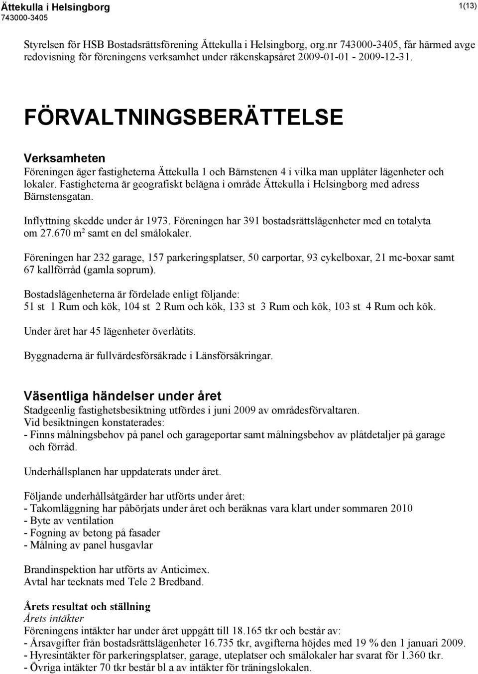 Fastigheterna är geografiskt belägna i område Ättekulla i Helsingborg med adress Bärnstensgatan. Inflyttning skedde under år 1973. Föreningen har 391 bostadsrättslägenheter med en totalyta om 27.