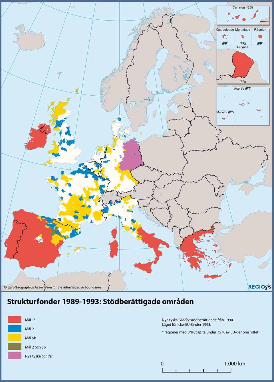 Stödberättigade områden Mål 1* Mål 2 Nya tyska Länder stödberättigade från 1990.