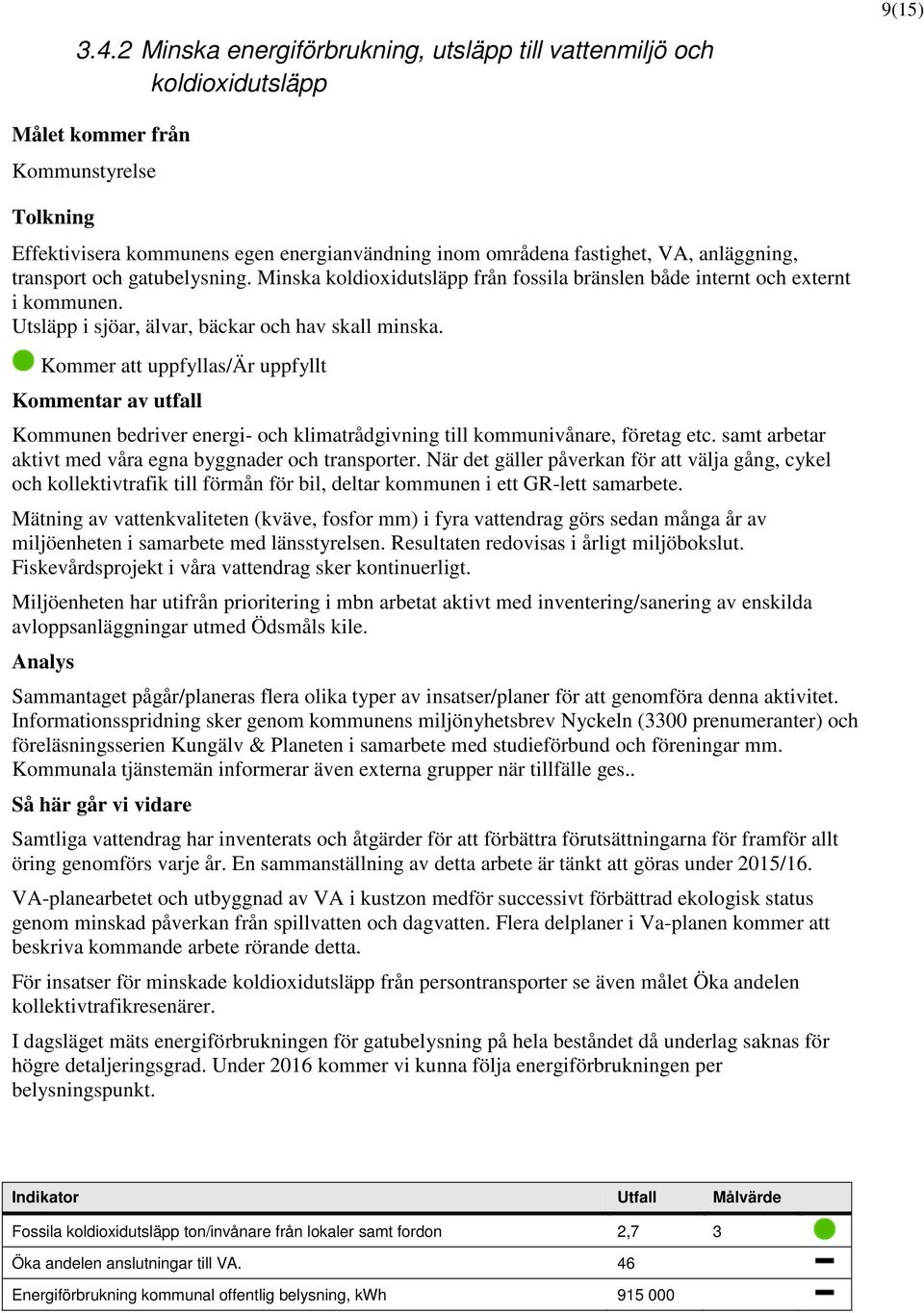 anläggning, transport och gatubelysning. Minska koldioxidutsläpp från fossila bränslen både internt och externt i kommunen. Utsläpp i sjöar, älvar, bäckar och hav skall minska.