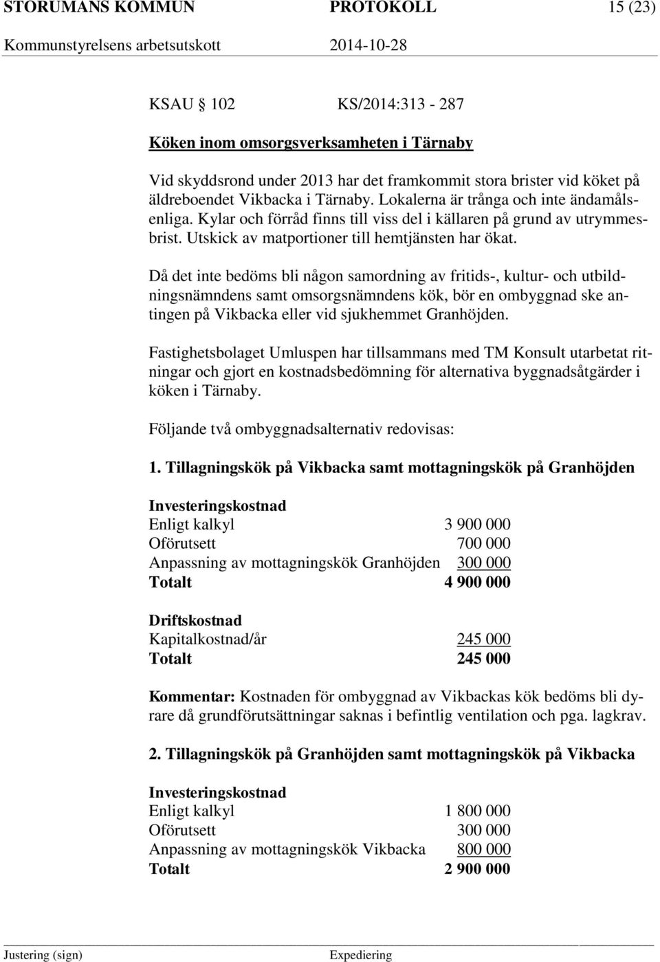 Då det inte bedöms bli någon samordning av fritids-, kultur- och utbildningsnämndens samt omsorgsnämndens kök, bör en ombyggnad ske antingen på Vikbacka eller vid sjukhemmet Granhöjden.