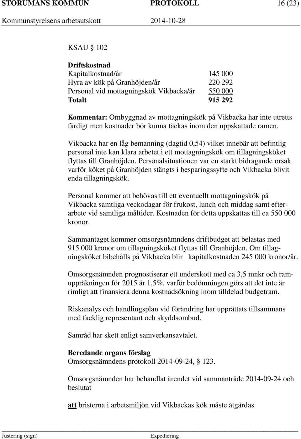 Vikbacka har en låg bemanning (dagtid 0,54) vilket innebär att befintlig personal inte kan klara arbetet i ett mottagningskök om tillagningsköket flyttas till Granhöjden.