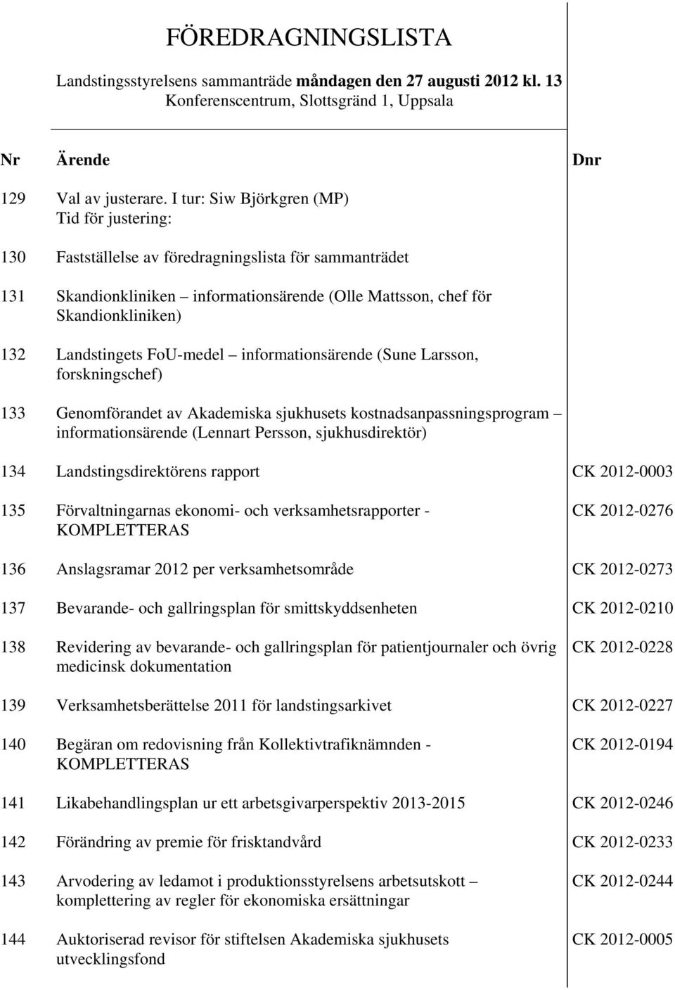 Landstingets FoU-medel informationsärende (Sune Larsson, forskningschef) 133 Genomförandet av Akademiska sjukhusets kostnadsanpassningsprogram informationsärende (Lennart Persson, sjukhusdirektör)