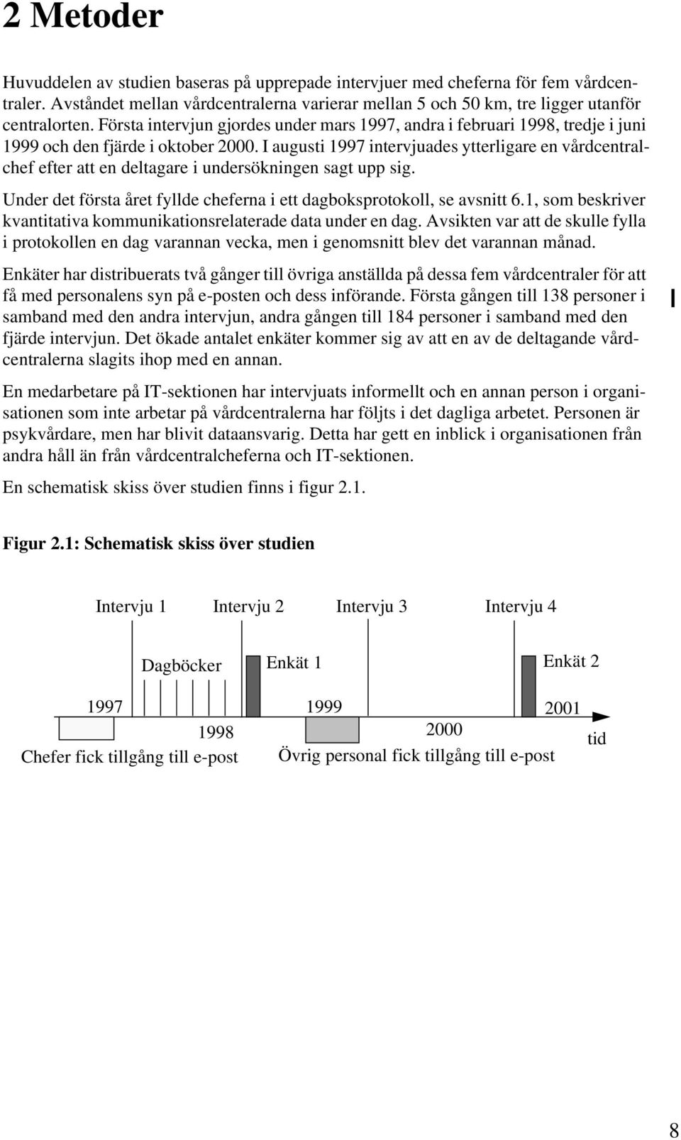 I augusti 1997 intervjuades ytterligare en vårdcentralchef efter att en deltagare i undersökningen sagt upp sig. Under det första året fyllde cheferna i ett dagboksprotokoll, se avsnitt 6.