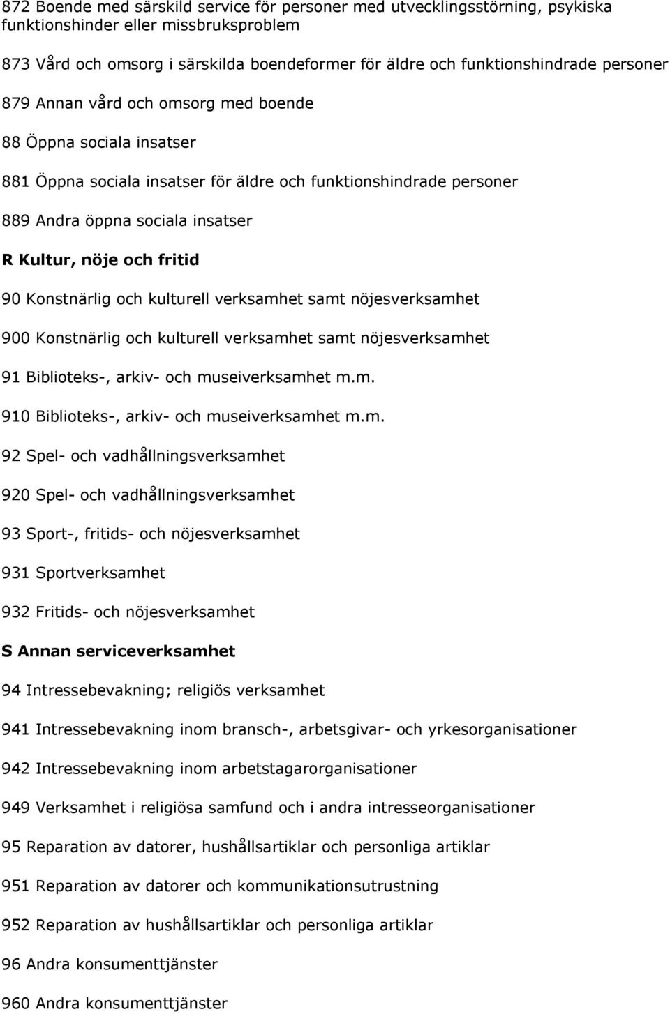 90 Konstnärlig och kulturell verksamhet samt nöjesverksamhet 900 Konstnärlig och kulturell verksamhet samt nöjesverksamhet 91 Biblioteks-, arkiv- och museiverksamhet m.m. 910 Biblioteks-, arkiv- och museiverksamhet m.