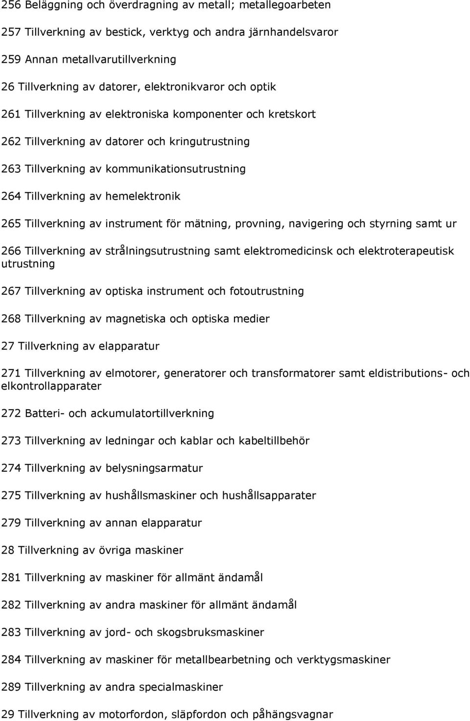 hemelektronik 265 Tillverkning av instrument för mätning, provning, navigering och styrning samt ur 266 Tillverkning av strålningsutrustning samt elektromedicinsk och elektroterapeutisk utrustning