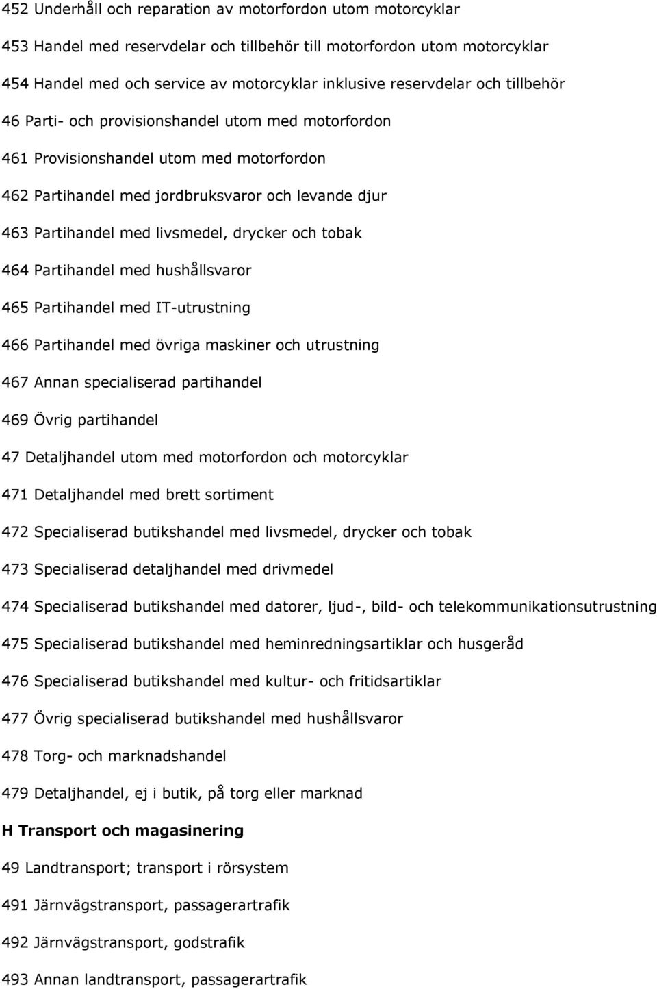 och tobak 464 Partihandel med hushållsvaror 465 Partihandel med IT-utrustning 466 Partihandel med övriga maskiner och utrustning 467 Annan specialiserad partihandel 469 Övrig partihandel 47