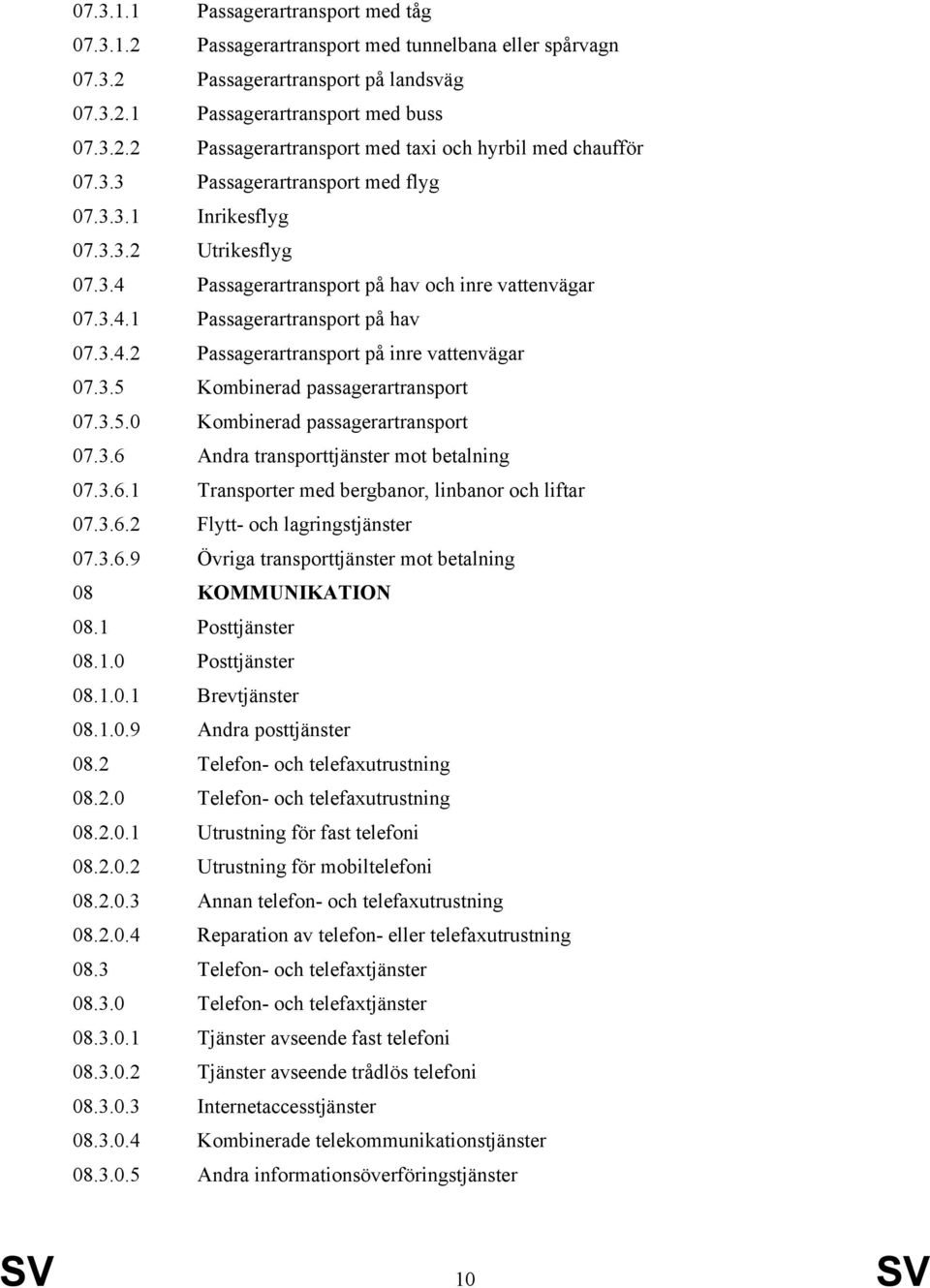 3.5 Kombinerad passagerartransport 07.3.5.0 Kombinerad passagerartransport 07.3.6 Andra transporttjänster mot betalning 07.3.6.1 Transporter med bergbanor, linbanor och liftar 07.3.6.2 Flytt- och lagringstjänster 07.