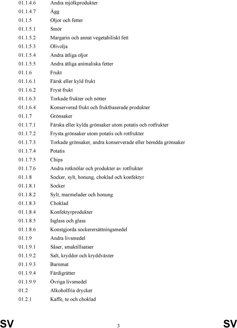 Grönsaker 01.1.7.1 Färska eller kylda grönsaker utom potatis och rotfrukter 01.1.7.2 Frysta grönsaker utom potatis och rotfrukter 01.1.7.3 Torkade grönsaker, andra konserverade eller beredda grönsaker 01.