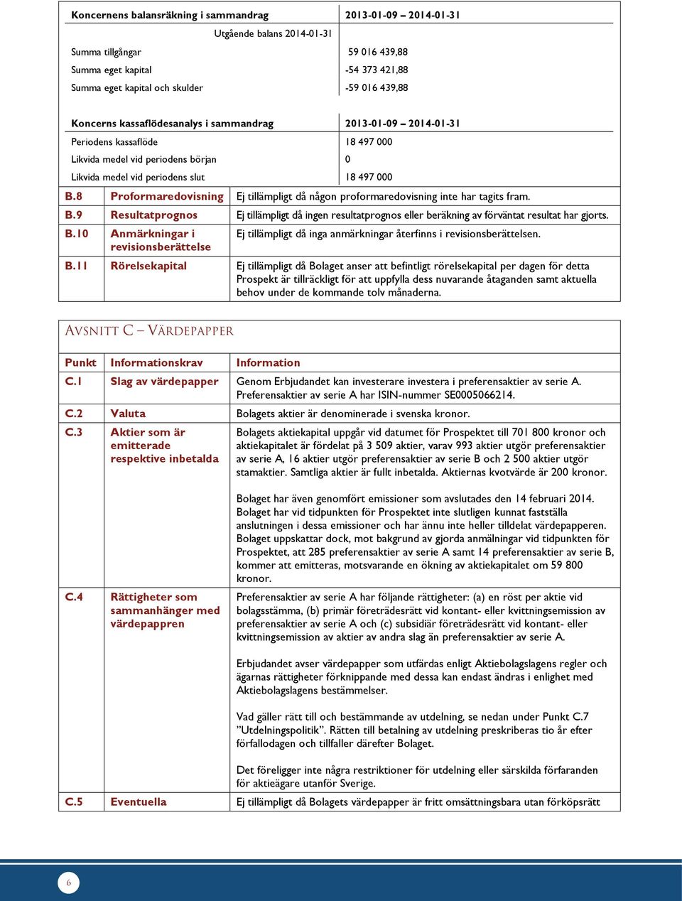 8 Proformaredovisning Ej tillämpligt då någon proformaredovisning inte har tagits fram. B.9 Resultatprognos Ej tillämpligt då ingen resultatprognos eller beräkning av förväntat resultat har gjorts. B.10 Anmärkningar i revisionsberättelse Ej tillämpligt då inga anmärkningar återfinns i revisionsberättelsen.