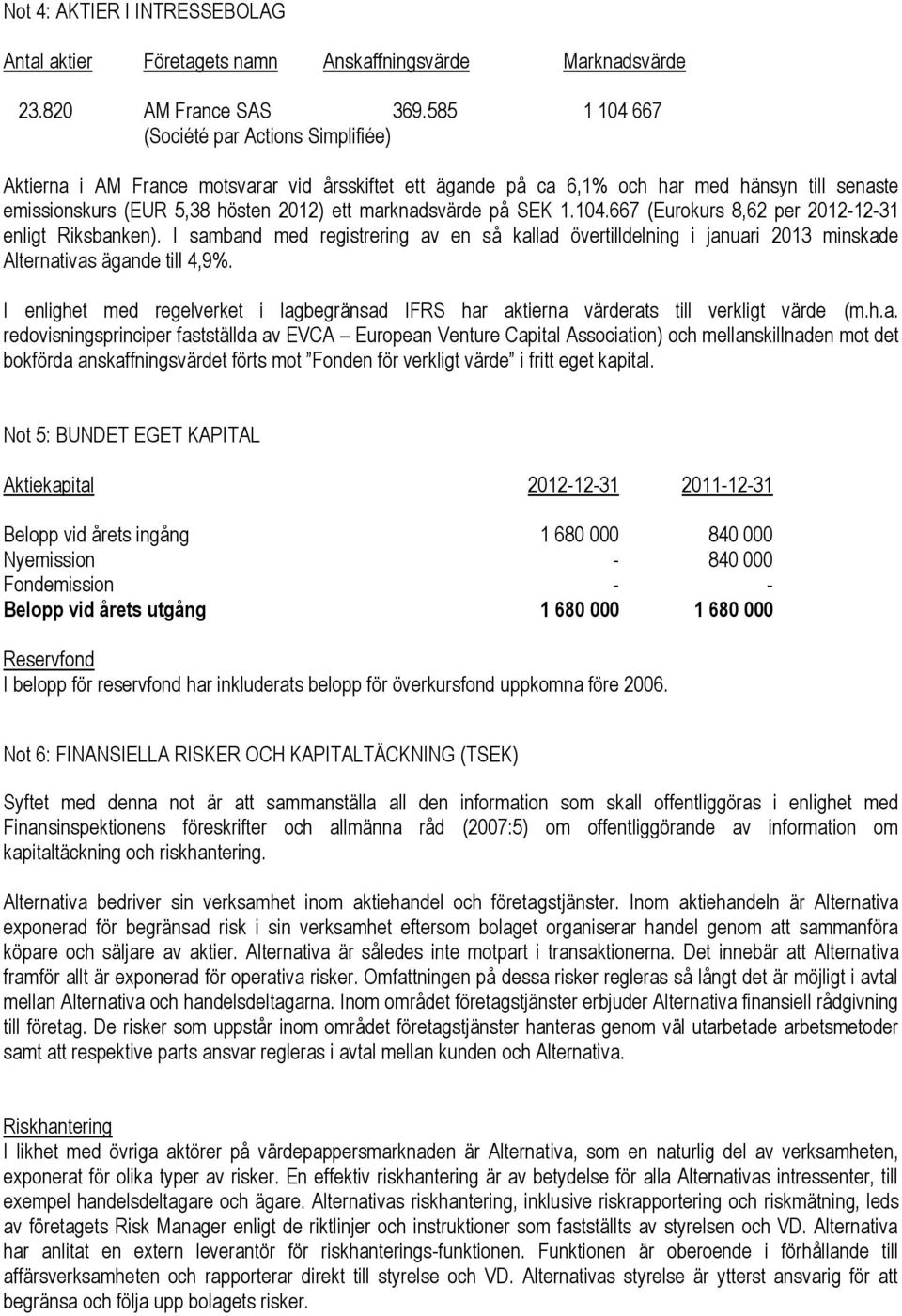 marknadsvärde på SEK 1.104.667 (Eurokurs 8,62 per 2012-12-31 enligt Riksbanken). I samband med registrering av en så kallad övertilldelning i januari 2013 minskade Alternativas ägande till 4,9%.