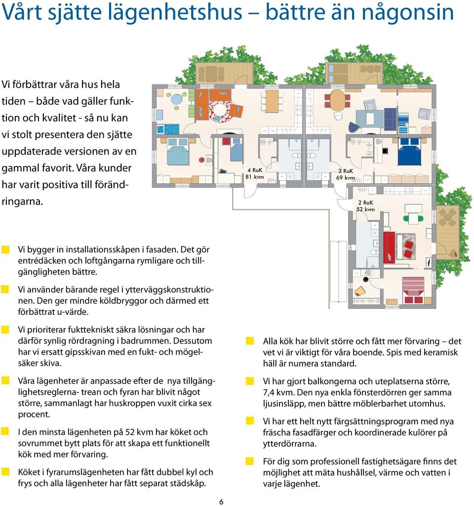 Det gör entrédäcken och loftgångarna rymligare och tillgängligheten bättre. Vi använder bärande regel i ytterväggskonstruktionen. Den ger mindre köldbryggor och därmed ett förbättrat u-värde.